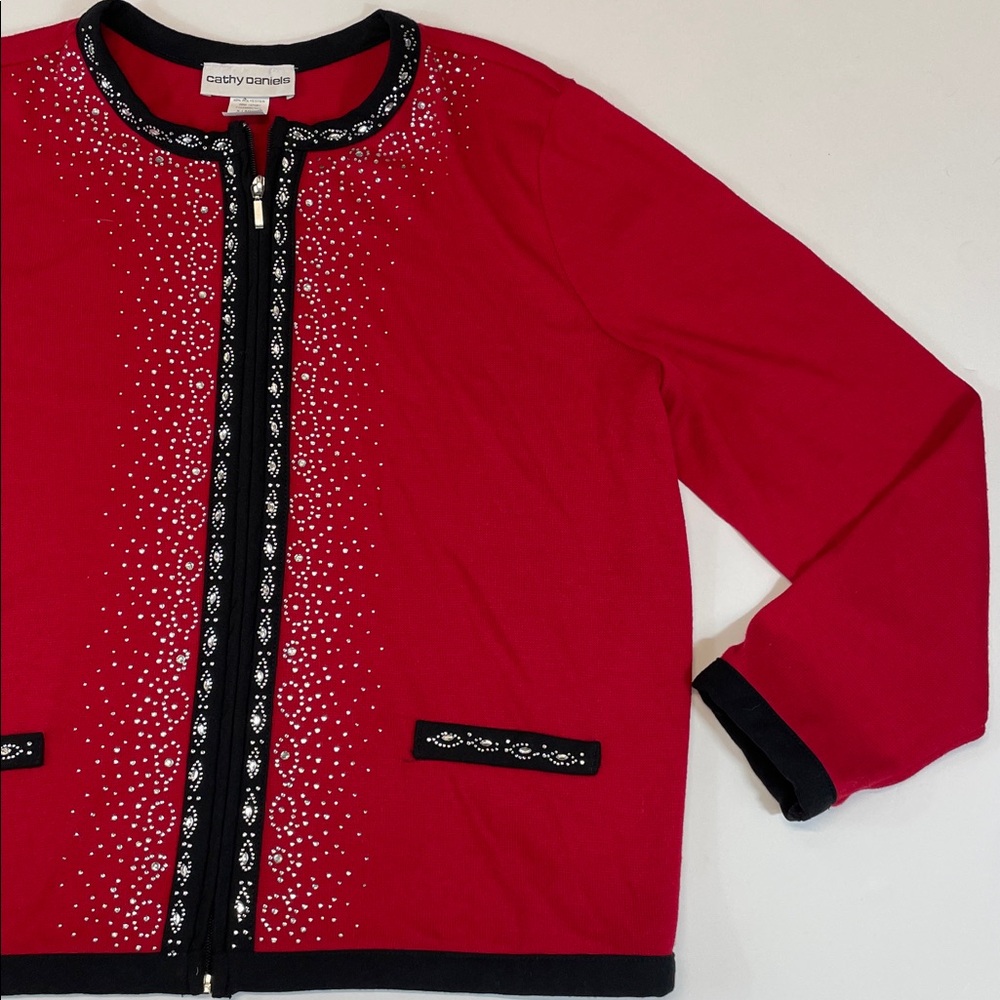 Cathy Daniels Red Cardigan Sweater Studded Rhinestone Trim Womens Sz XL - Picture 3 of 8